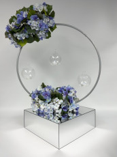 Silver Arch with Blue Hydrangea Faux Floral & Glass Globes