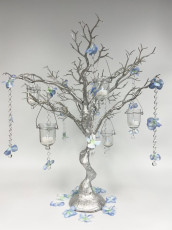 Silver Tree with Light Blue Flower Crystal Chains & Hanging Votives
