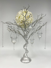 Silver Tree with Crystal Chains, Hanging Votives, Ivory Flower Ball