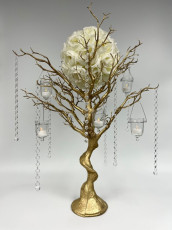 Gold Tree with Crystal Chains, Hanging Votives, Ivory Flower Ball