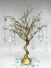 Gold Tree with Tiffany Blue Flower Crystal Chains & Hanging Votives