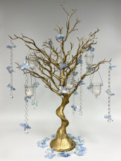 Gold Tree with Light Blue Flower Crystal Chains & Hanging Votives